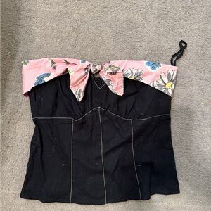 Notice Black Pink Strapless Top Size 4 Floral Bow Statement Blouse